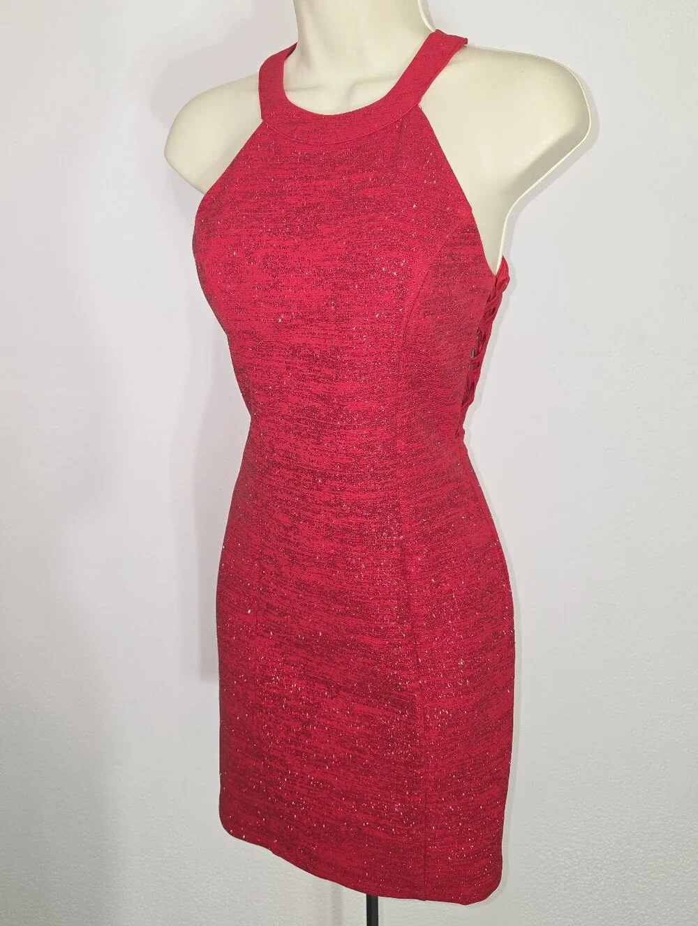 Honey and Rosie Dress Shimmery Halter Neckline Sleeveless Vibrant Red Size S - Picture 5 of 16